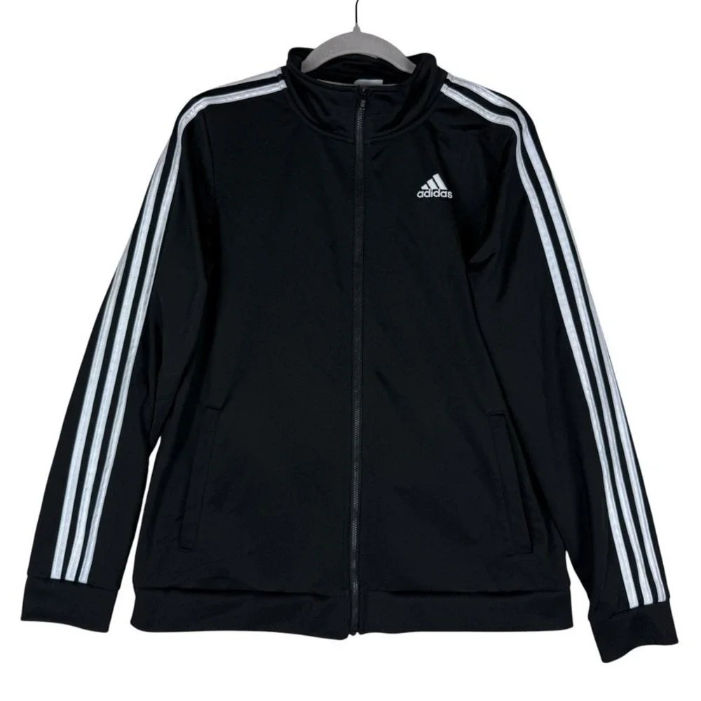 Adidas Track Jacket Boys XL Black White 3 Logo Stripes Full Zip Mock Neck Sports
